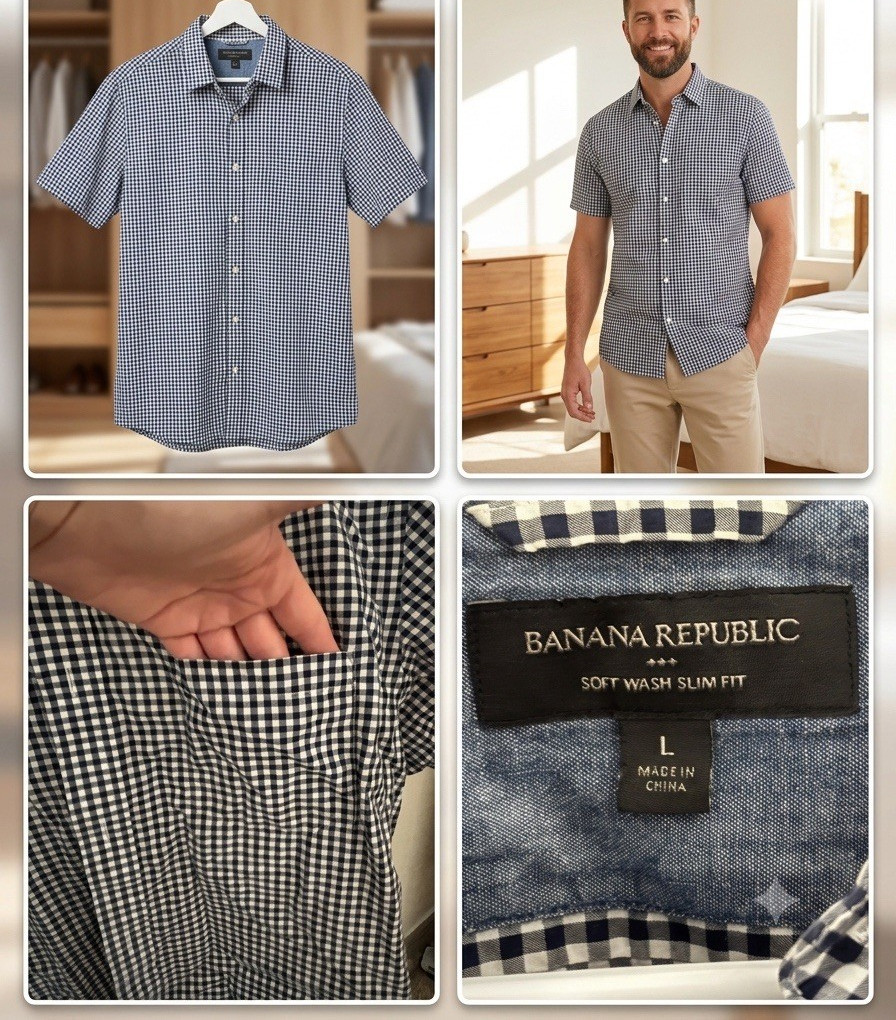 Banana Republic Men’s Soft Wash Slim Fit Cotton Gingham Button-Up Shirt L