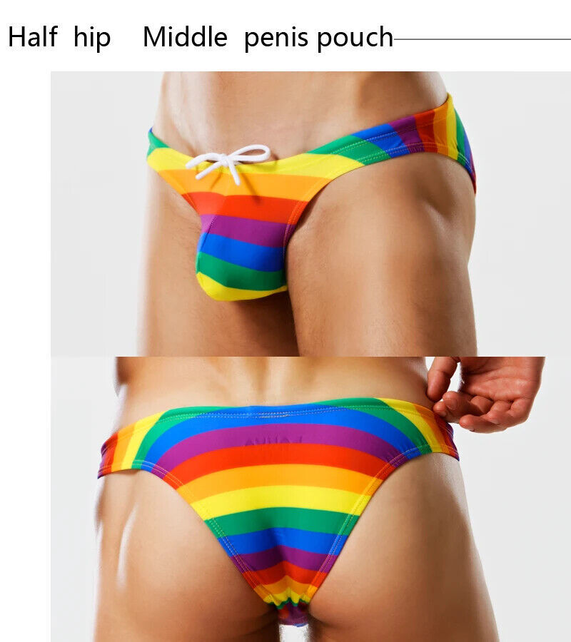 Mens Rainbow Low Waist Swimwear Swim Briefs Bikinis Gay Men Thong Swimsuits
