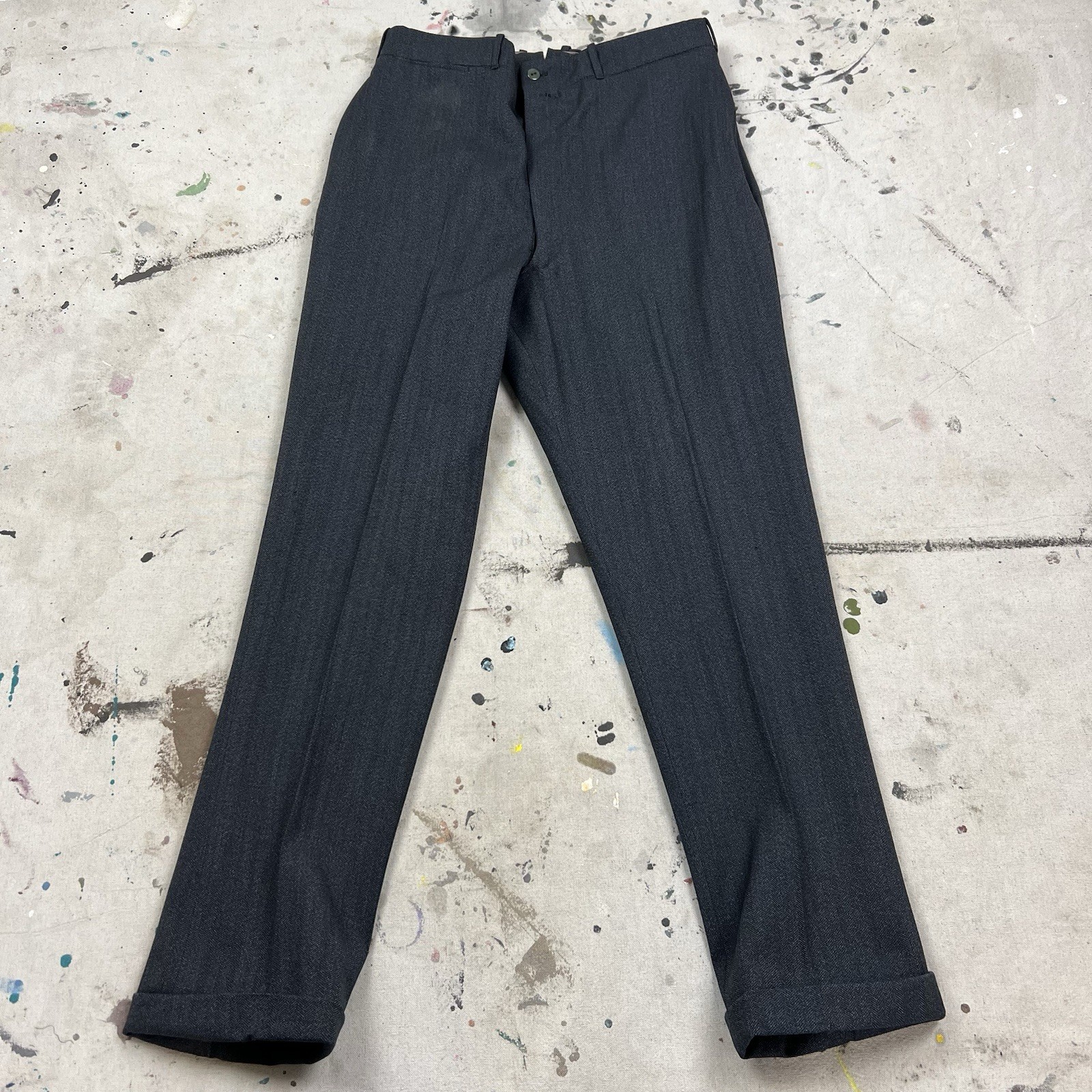 Vintage 40s 50s Wool Herringbone Twill Pleated Grey Dress Pants 32×30 High Waist