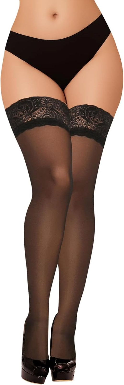 Black Thigh High Stockings for Women – Lace Top Sexy Thigh Highs Pantyhose, plus