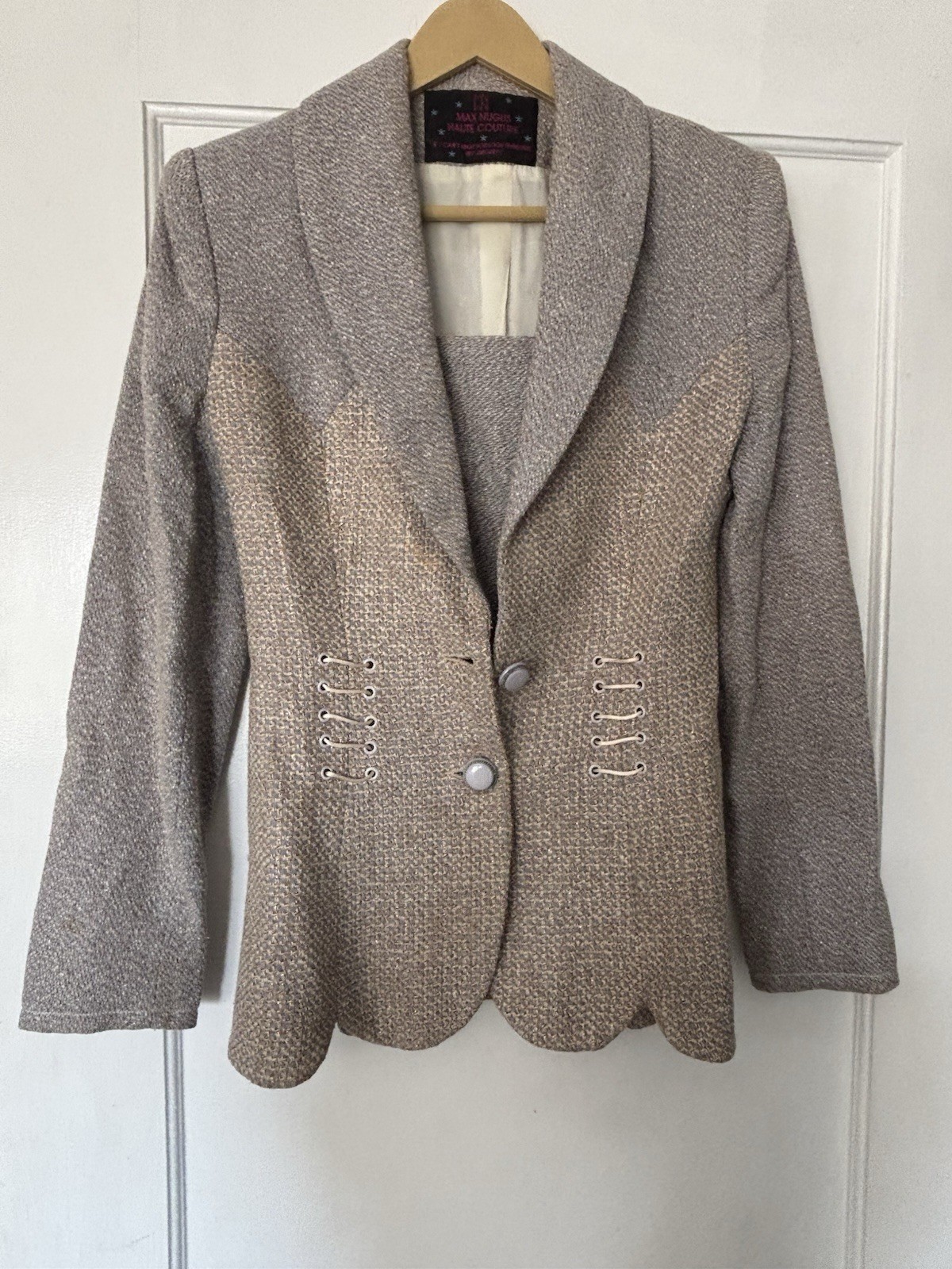 MAX & CO. Beige/Gray Tweed Wool 2pc Skirt Suit Shawl Lapel 2-Button small