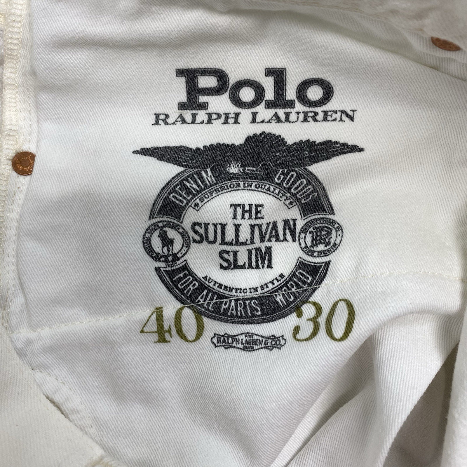 Polo Ralph Lauren Jeans Mens 40×30 Off White Denim The Sullivan Slim Distressed