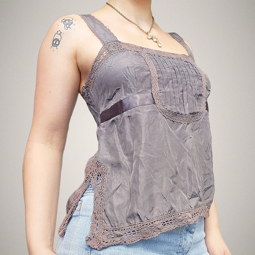 Gap Grey Lilac Silk Pinafore Cami Top Crochet Trim Y2K Boho Lace Vest Slit Side