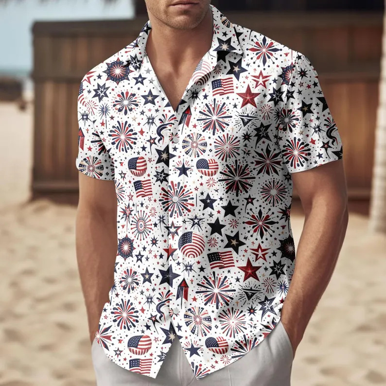 Fireworks USA Button Shirt/Shorts, Patriotic 4th Of July Aloha Hawaii Shirt