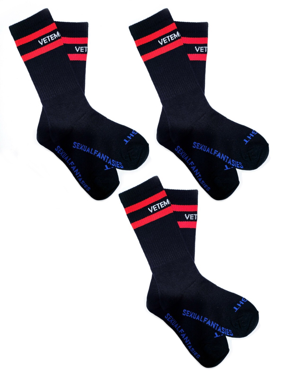 3-Pack VETEMENTS Sexual Fantasies Men’s Socks – Black – One Size – Free Shipping