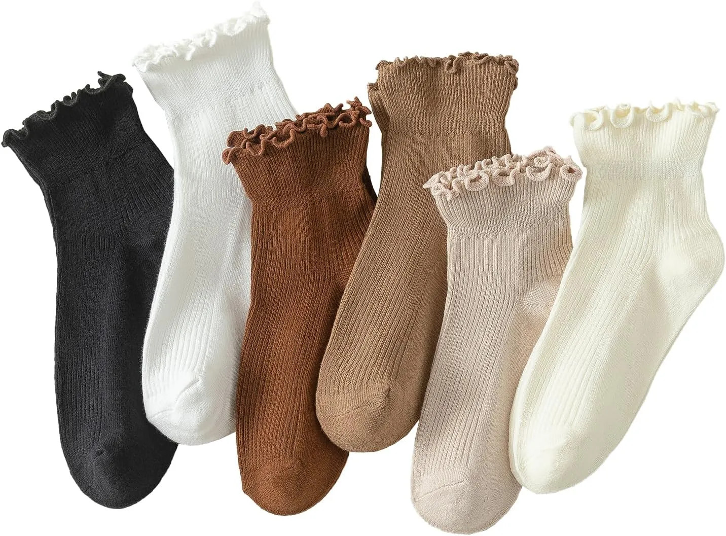 6 Pairs Women Ruffle Ankle Socks Cute Frilly Socks Cotton Blend