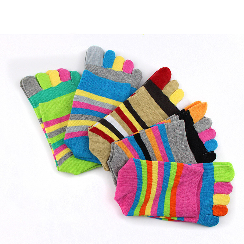 5 Pairs Women Five Finger Toe Socks Crew Sport Colors Causal Rainbow Striped 5-9