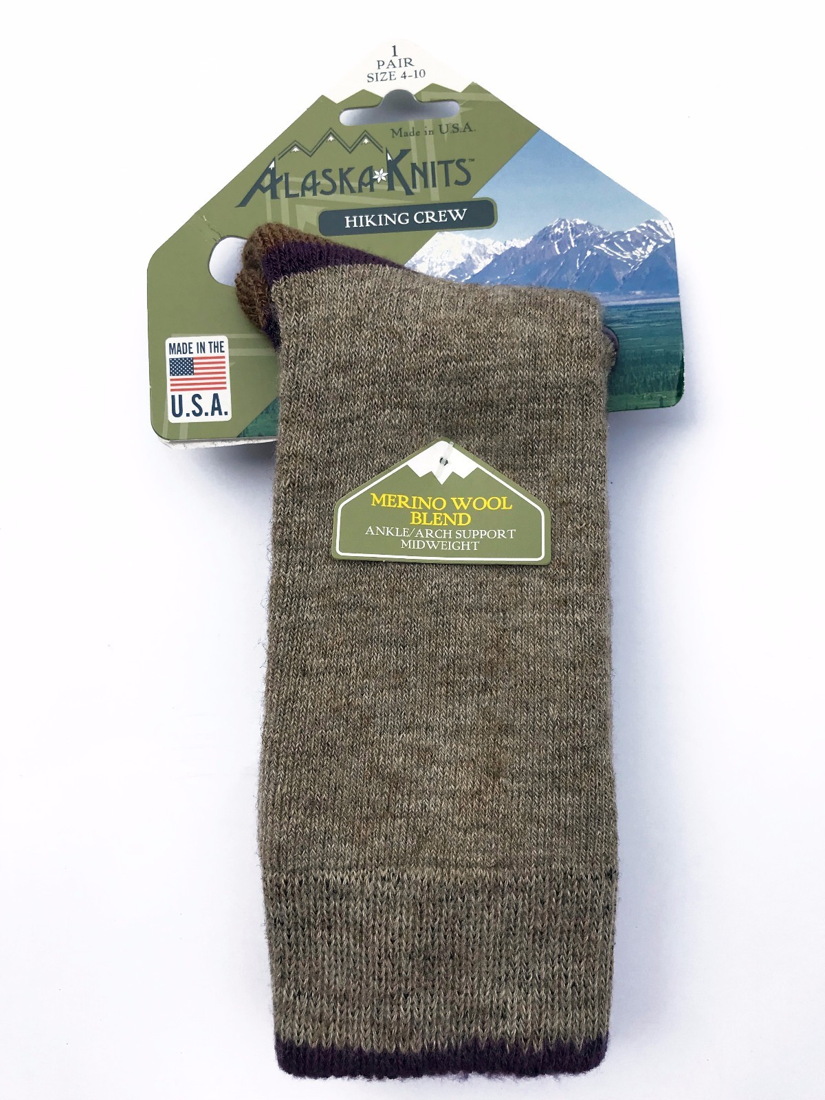 ALASKA KNITS™ MERINO WOOL LADIES’ HIKING CREW SOCKS KHKAI 9-11 MADE IN USA