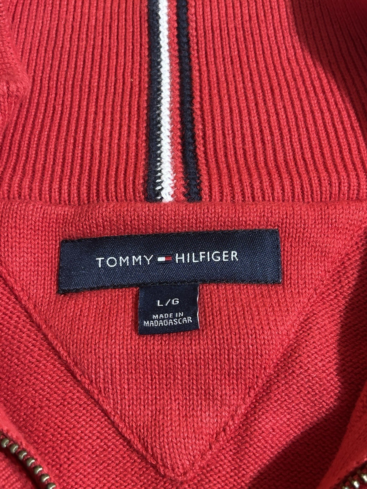 Tommy Hilfiger Quarter Zip Sweater Mens Large Red Cotton Pullover