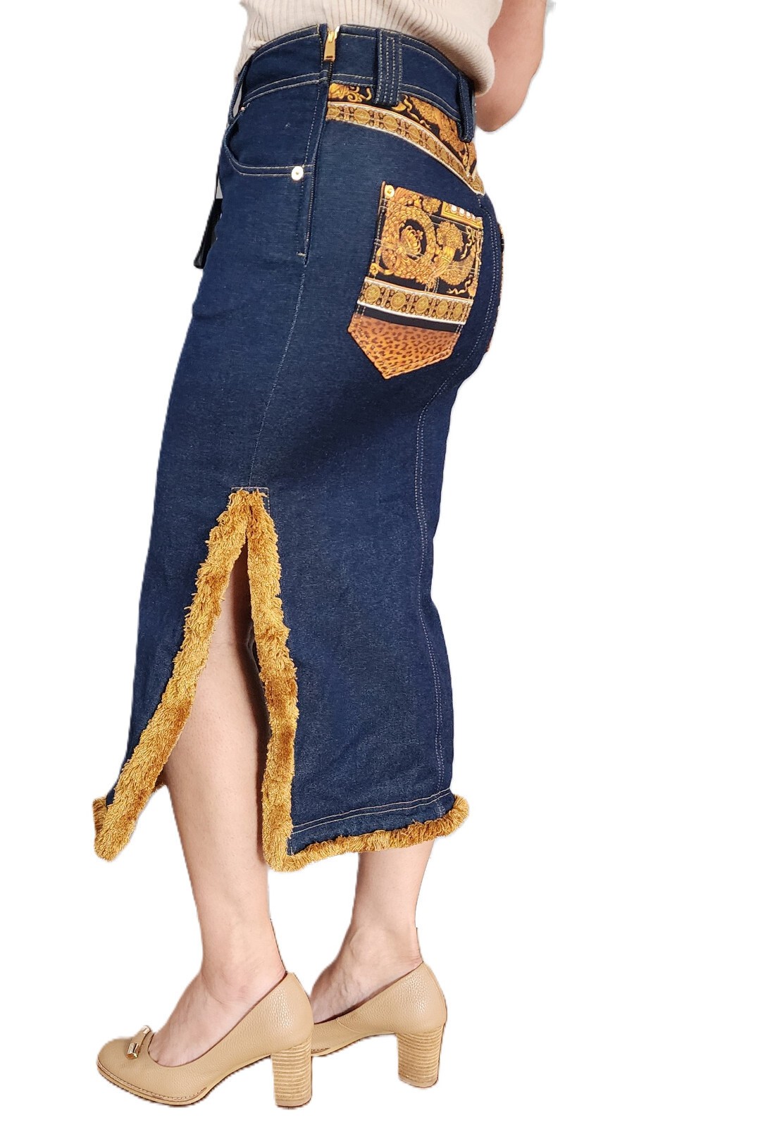 $2995 Designer VERSACE Women’s Indigo Gold Stitching Medusa Long Denim Skirt 40