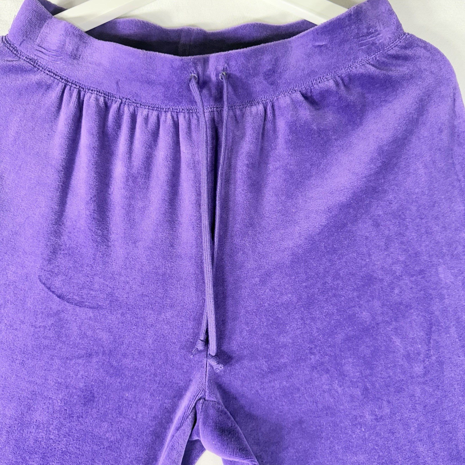 Womens Petite Purple Elastic Drawstring Waist Straight Wide Leg Velour Pull On