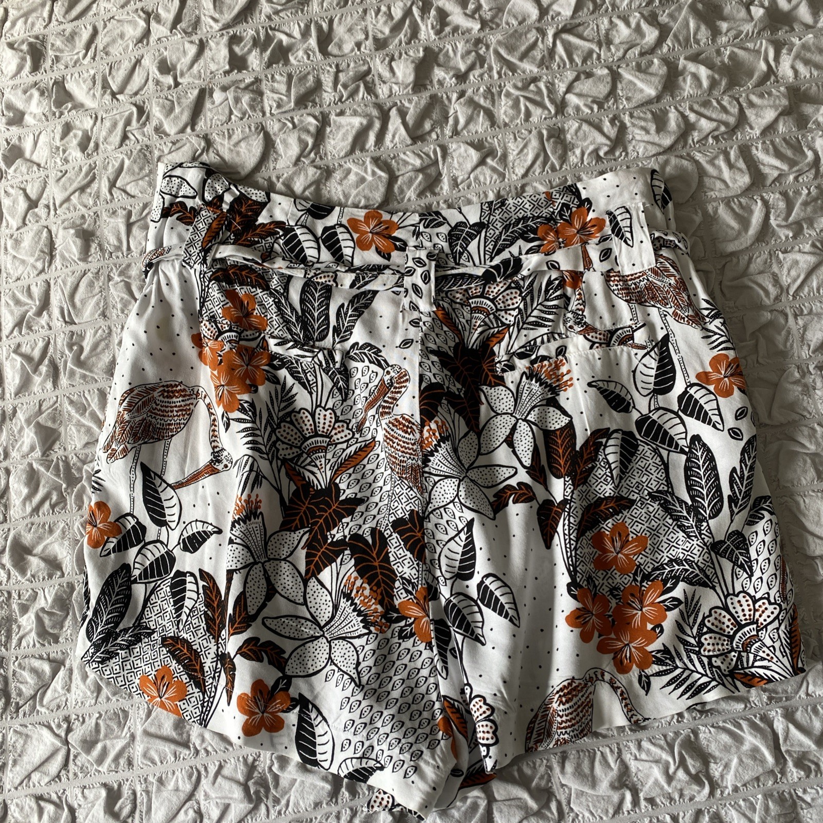 Superdry Women’s Size 12 Paper bag Shorts white, black, orange Self Tie Belt