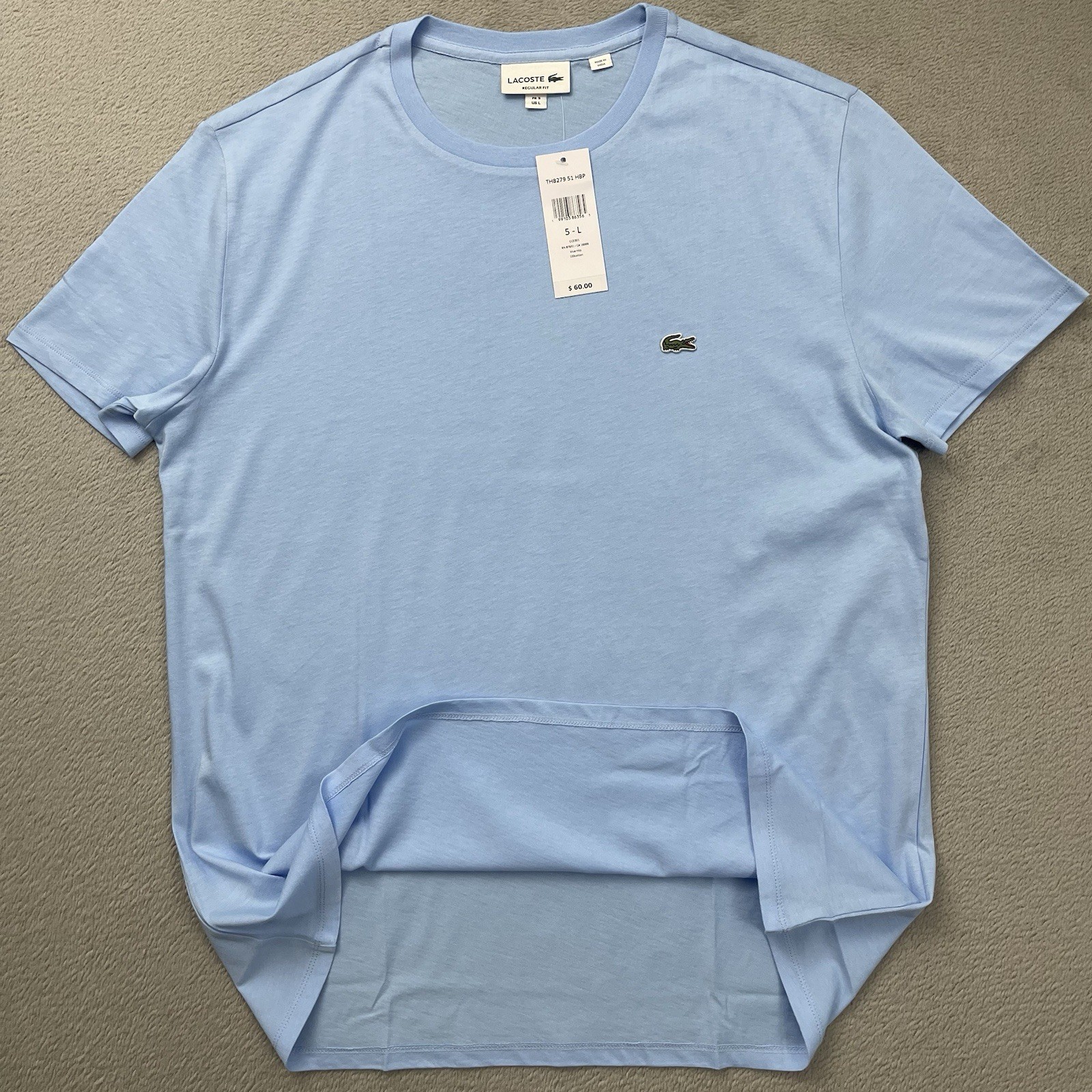 Lacoste T-Shirt Regular Fit Men’s L Solid Light Blue Cotton Logo Crew Neck NWT