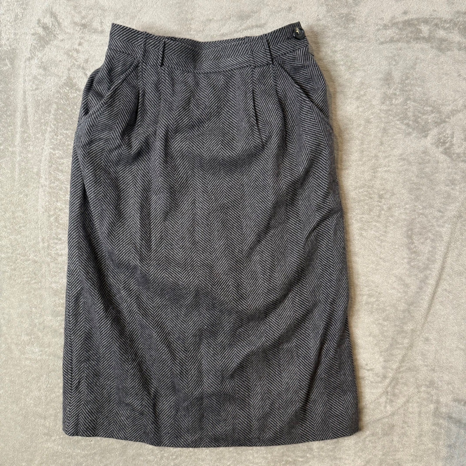 Vintage Yves Saint Laurent Variation Wool Herringbone Midi Skirt Gray Size 40