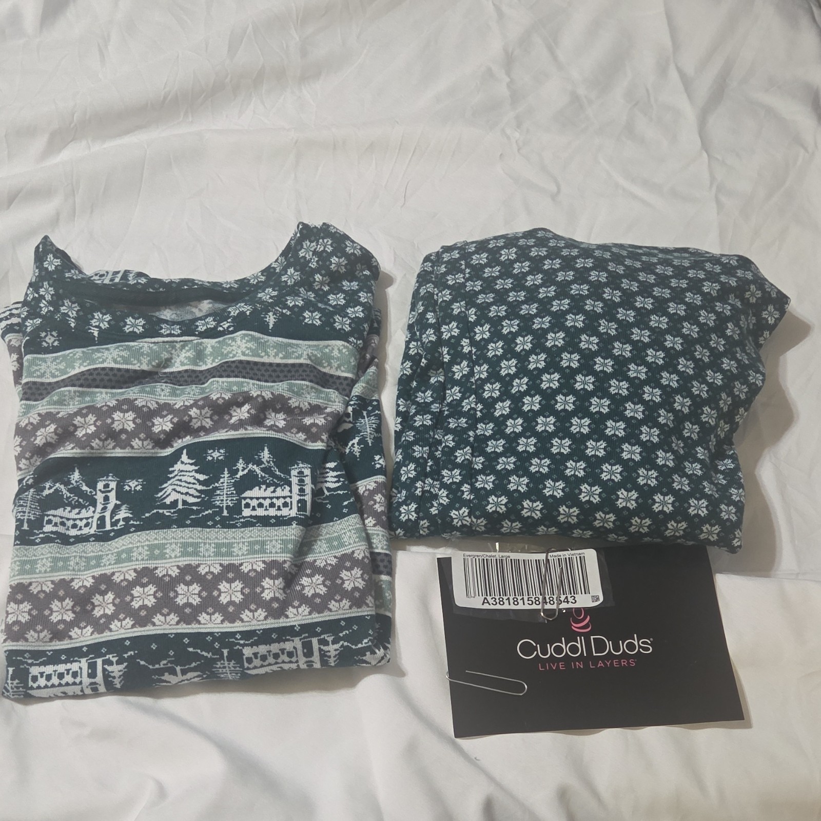 Cuddl Duds Women’s Fair Isle Pajama Set Green/White Long Sleeve Drawstring Sz L