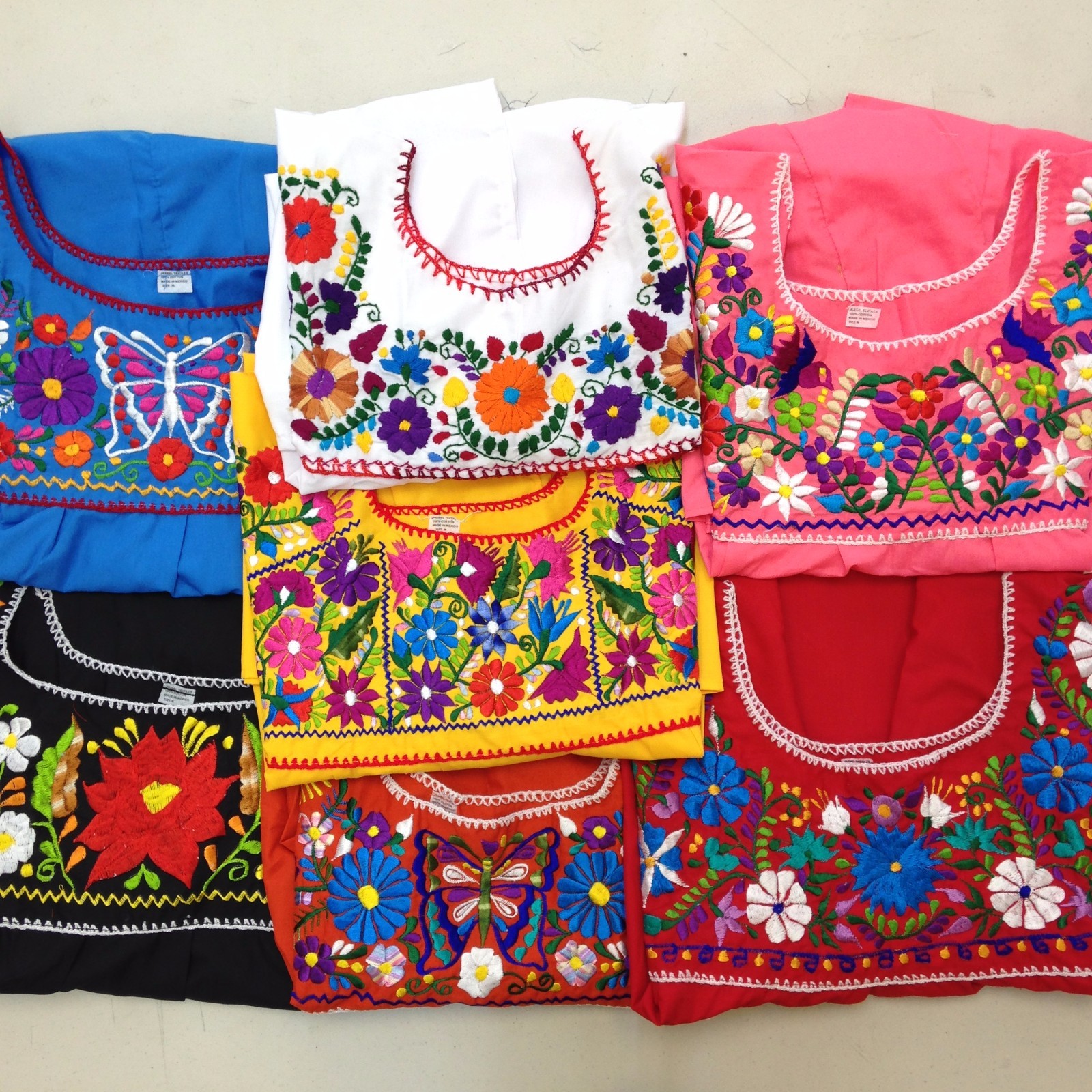 Puebla Mexican Hippie Peasant Vintage Embroidered Blouse Top Assorted Colors
