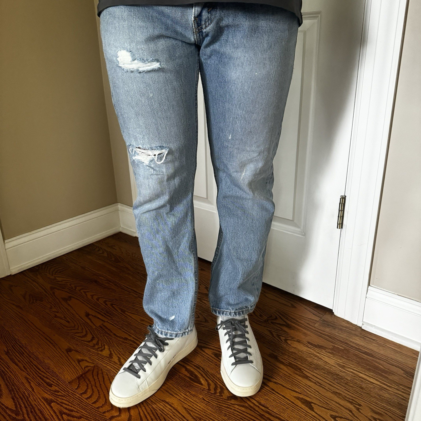 Levi’s 505 thrashed painted and ripped blue jeans 32 X 29