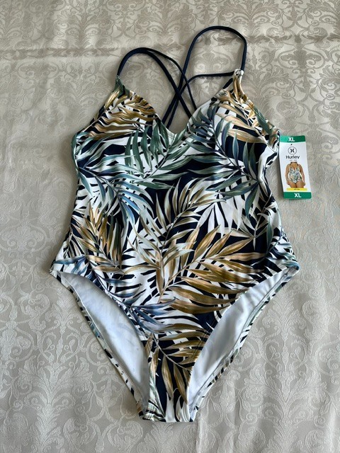Hurley Women’s One-Piece UPF 50+ 4Way Stretch Tropical Leaves Swimsuit, Size XL