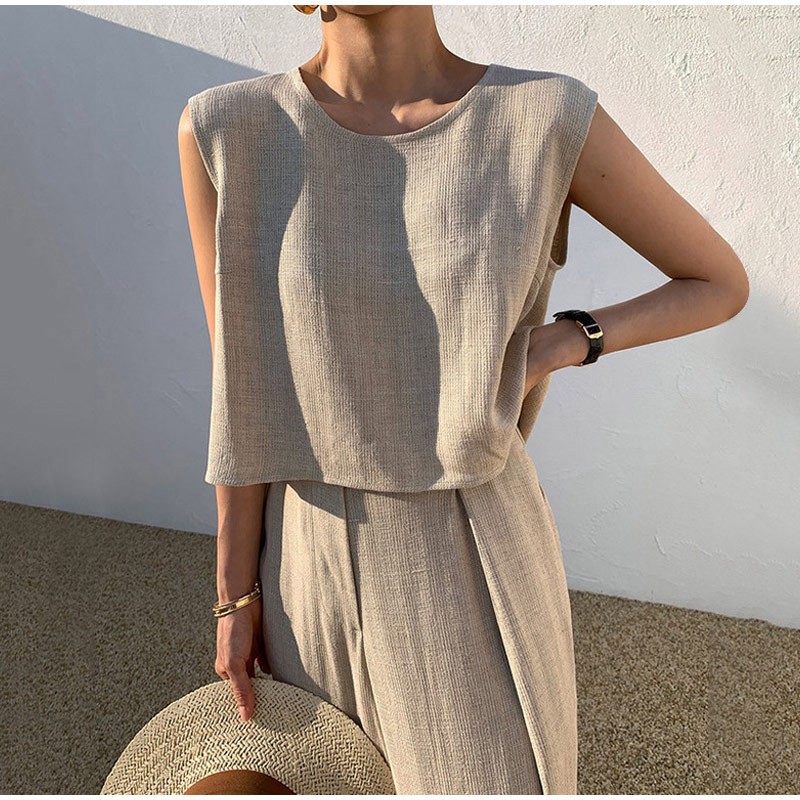 Women’s Cotton Linen Two Piece Set Sleeveless Top Wide Leg Pants Casual Outfit