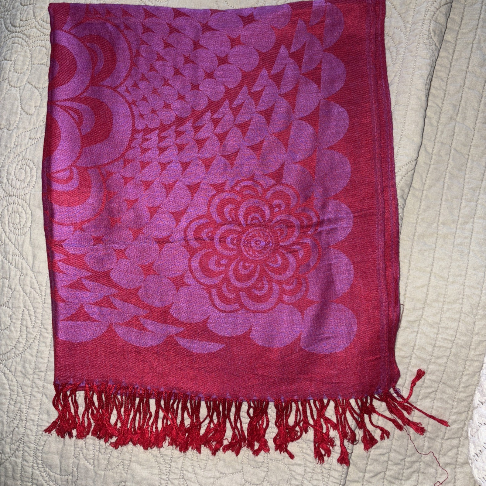 Cashmere Pashmina Shawl Fuchsia & Purple Floral with Fringe 68in x 27.5in