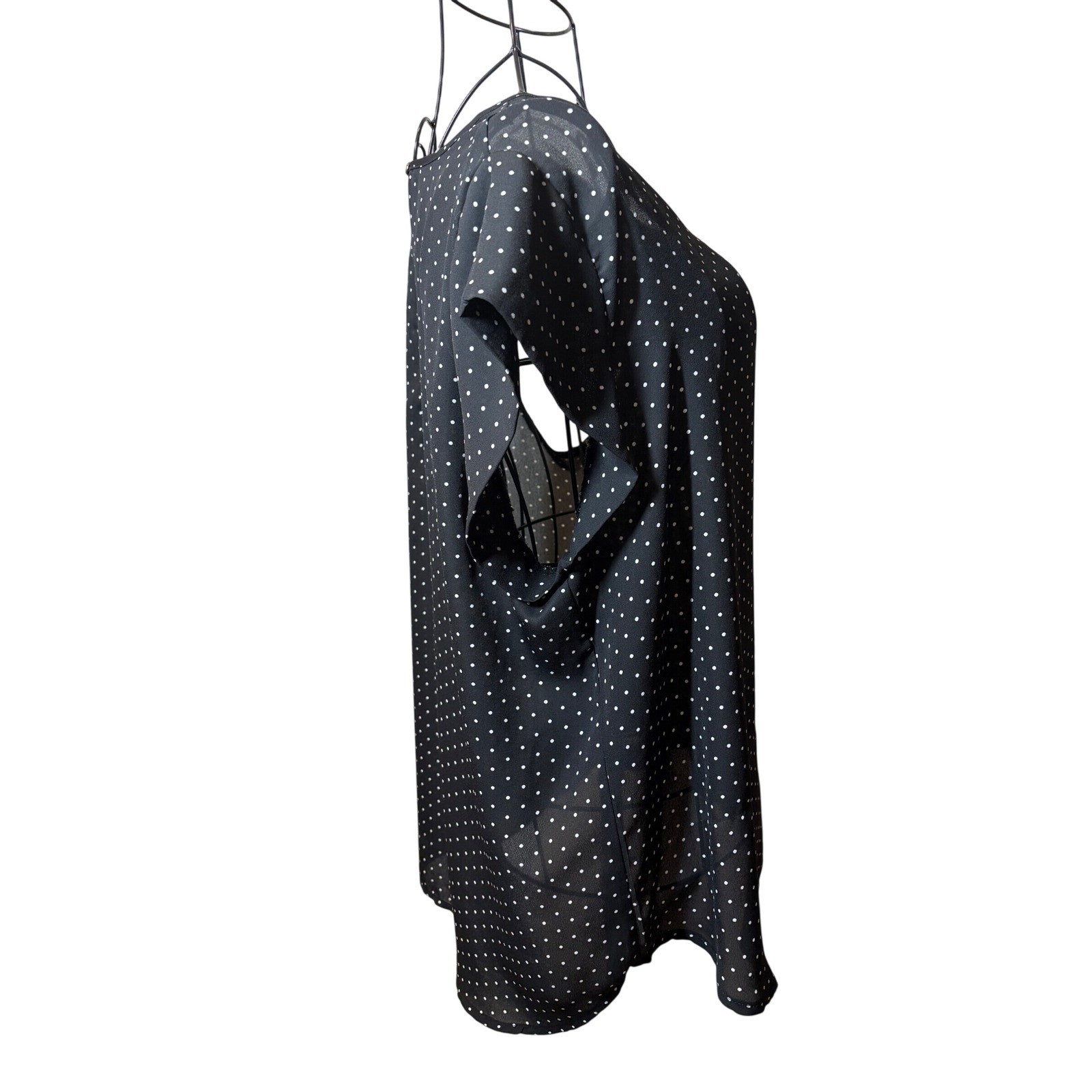 Lily White Black Polka Dot Chiffon Blouse XL Cap Sleeve- Keyhole Back