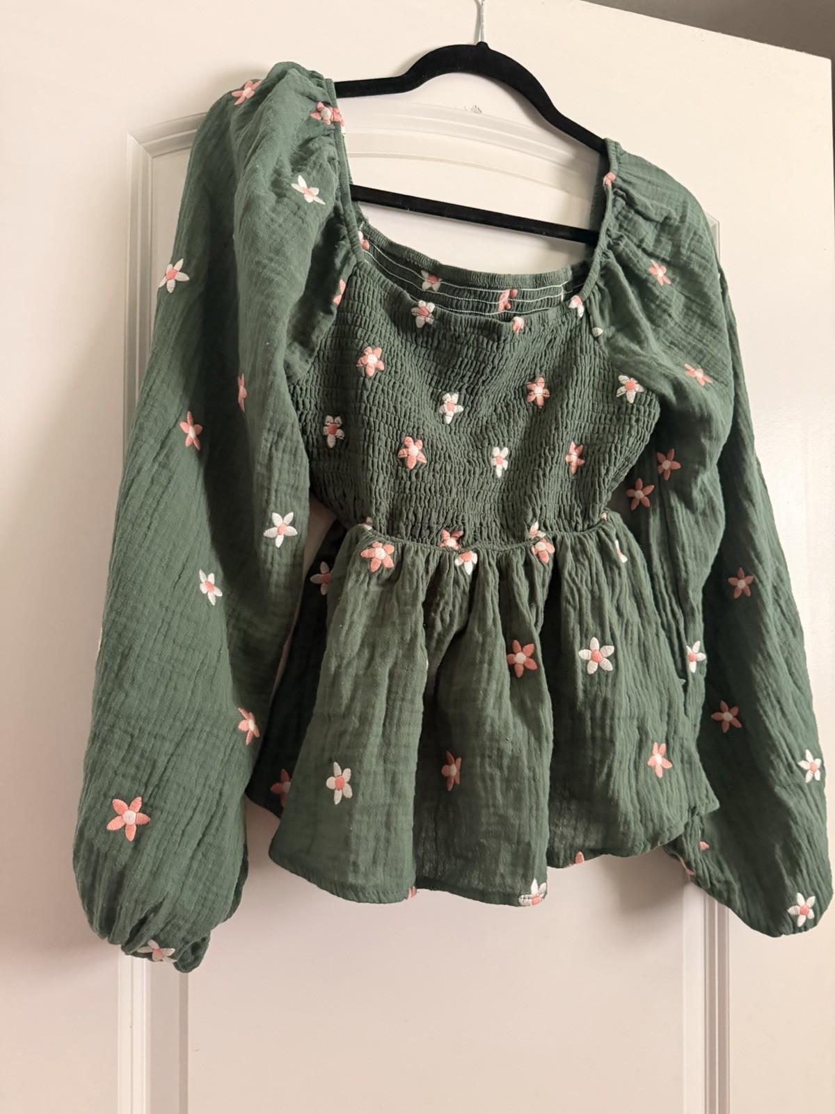 Altard State Olivia Embroidered Babydoll Top Blouse Green Size Medium