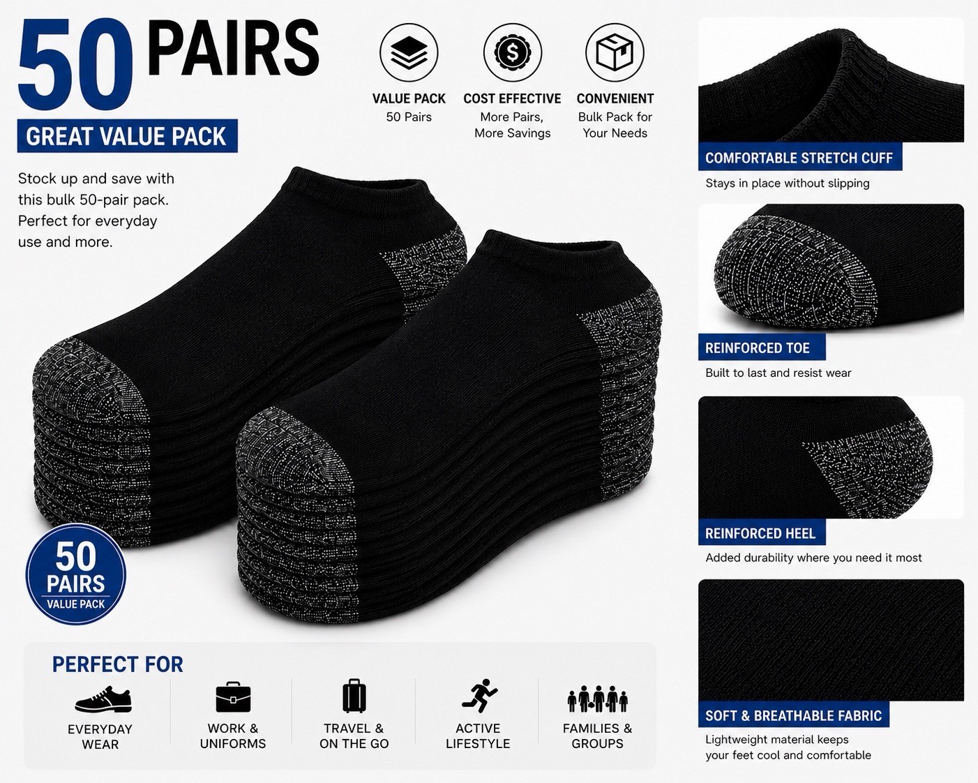 50 Pairs Men’s Low Cut Ankle Socks Breathable Lightweight Casual Value Pack