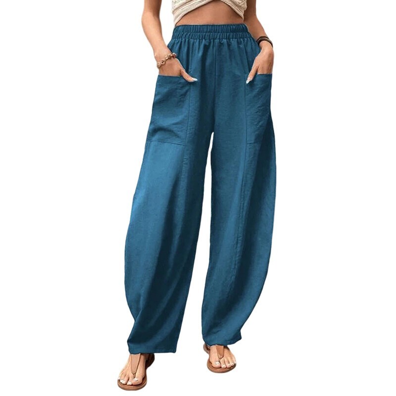 Summer Womens Cotton Linen Breathable Baggy Harem Pants Elastic Waist Trousers