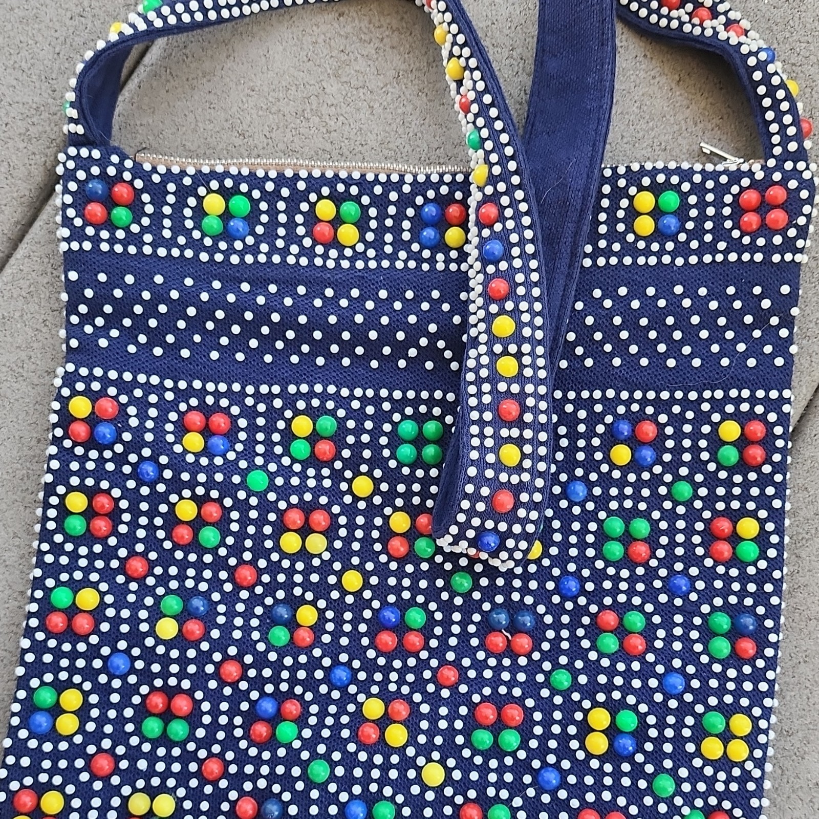Vintage 70s Candy Dot Beaded Fringe Purse Crossbody Bag Rainbow Disco MINT