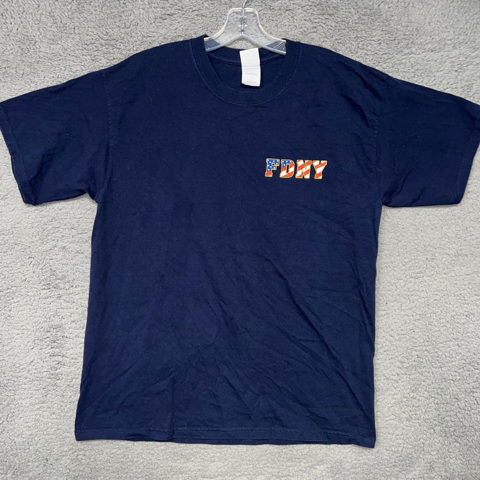 FDNY T Shirt Men’s Sz L Blue Band of Brothers WTC 9/11 Fire Dept NYC 2 Sided Tee