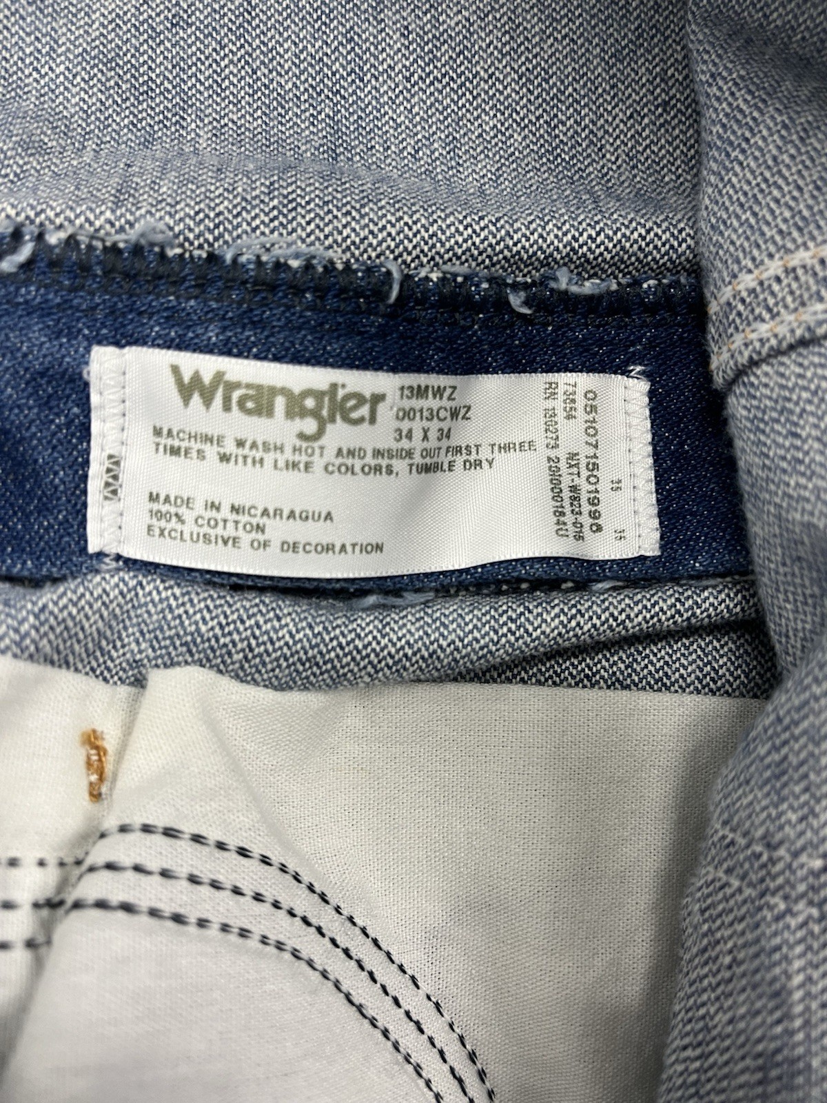 Custom Reworked Wrangler 13MWZ Jeans 34×34 Water Ripple Bleach Wave Wash 1 of 1