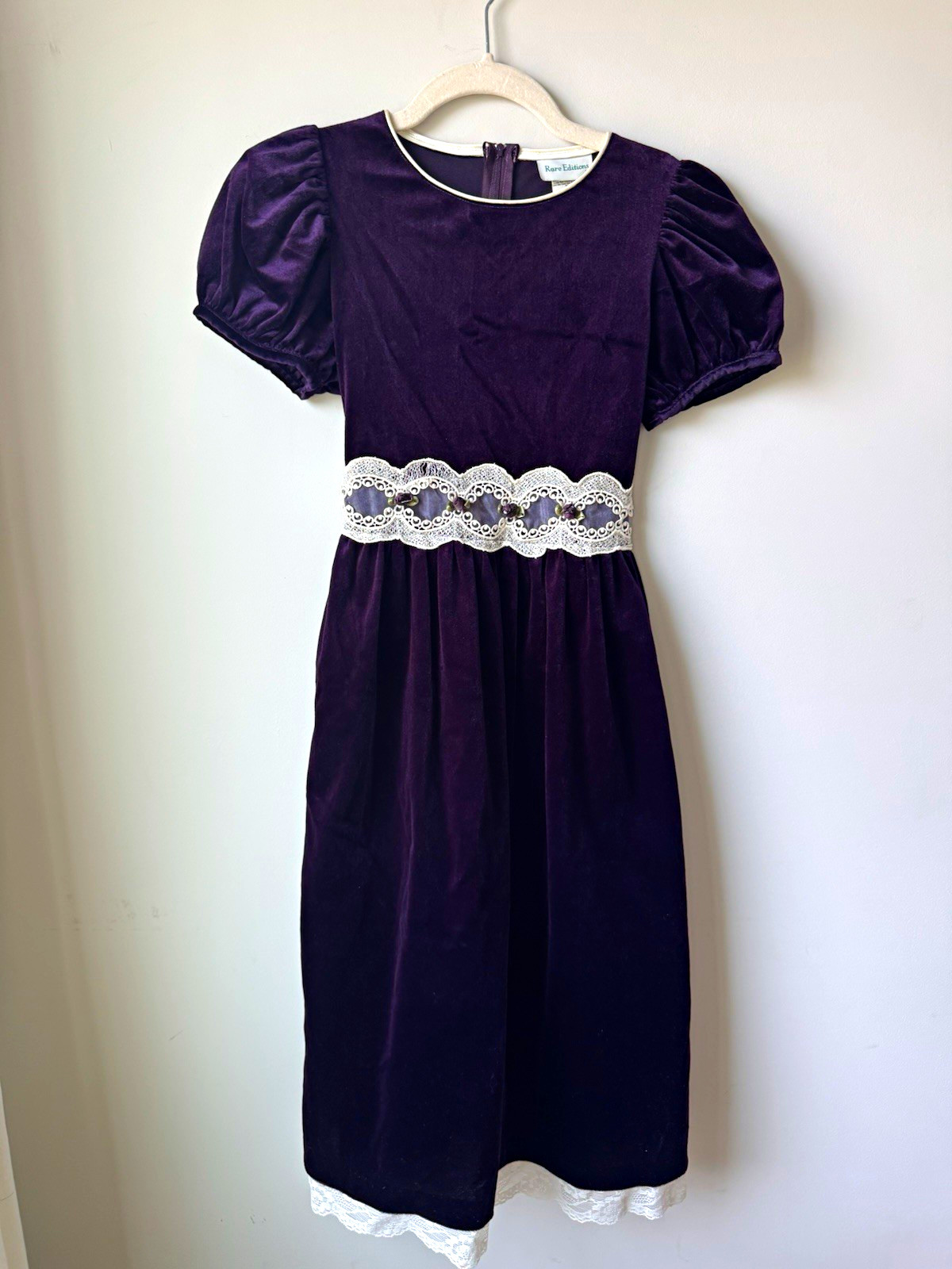 Rare Editions Girls Purple Velvet Puff Sleeve Lace A-Line Midi Dress 12