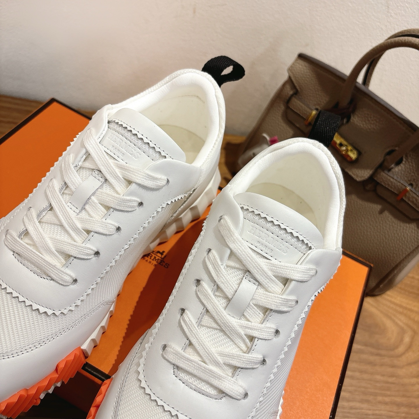 Men’s Hermes Bouncing White Leather Mesh H Sole Serrated Edge Sneakers