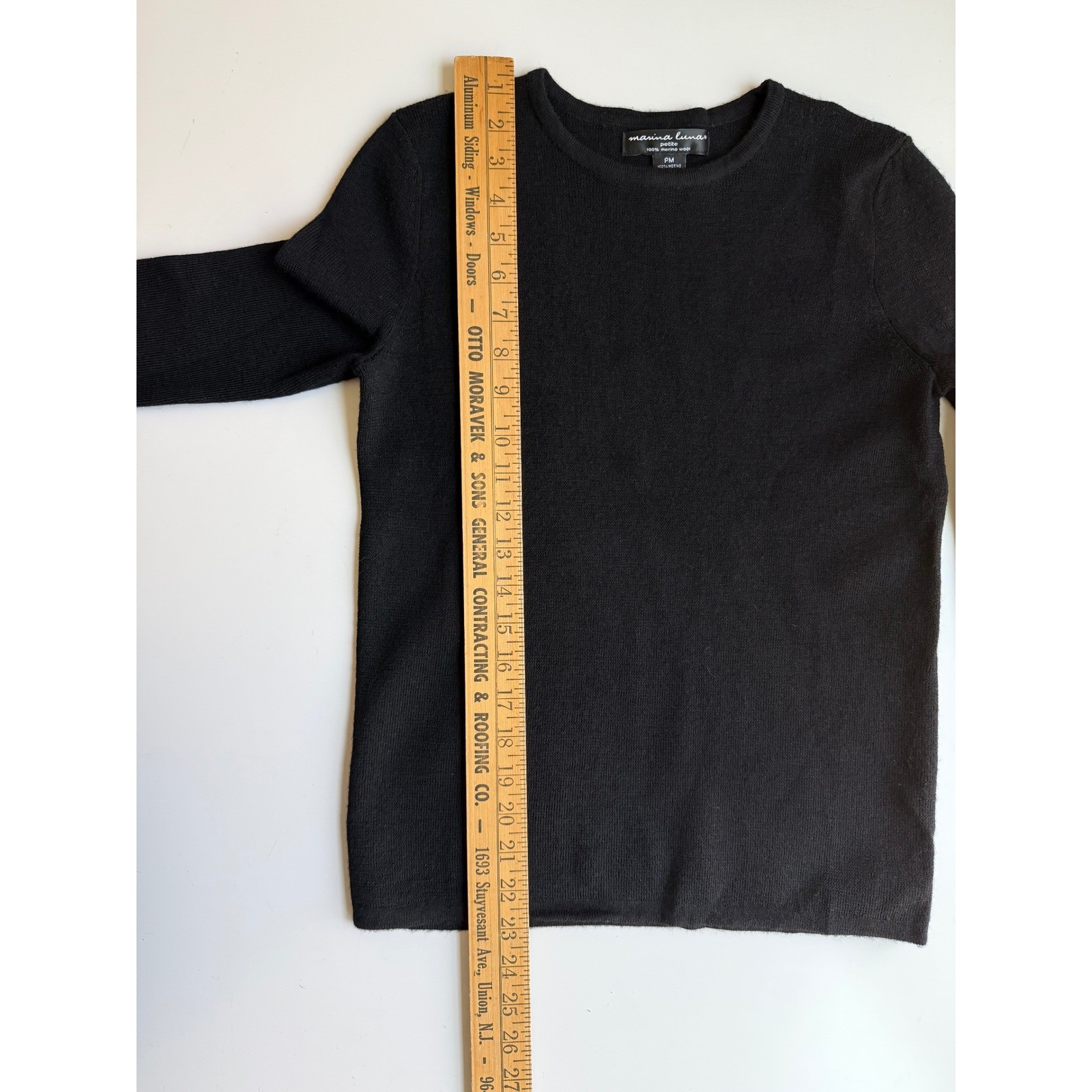 Marina Luna Petite Black 100% Merino Wool Crewneck Sweater PM Long Sleeve Knit