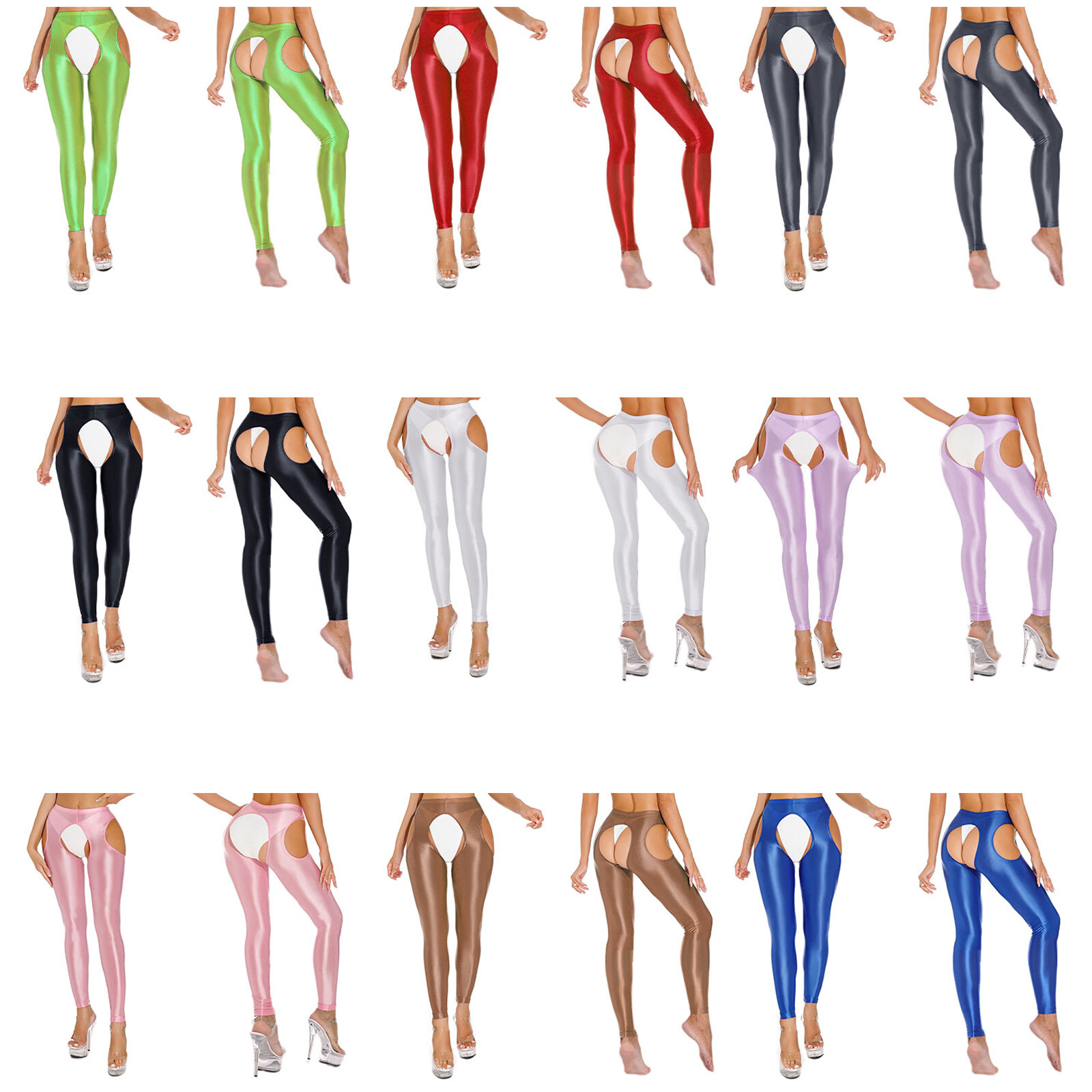 US Womens Glossy High Waist Cut Out Leggings Solid Color Skinny Yoga Pants