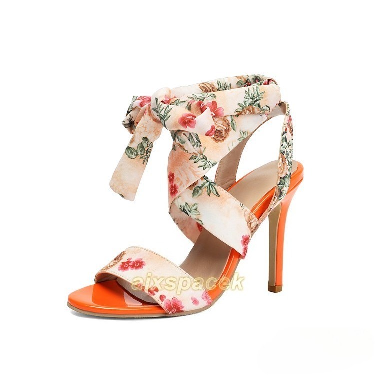 Women’s Floral Print Bow Stiletto Heels Open Toe Ankle Strap Sandals Shoes Pumps