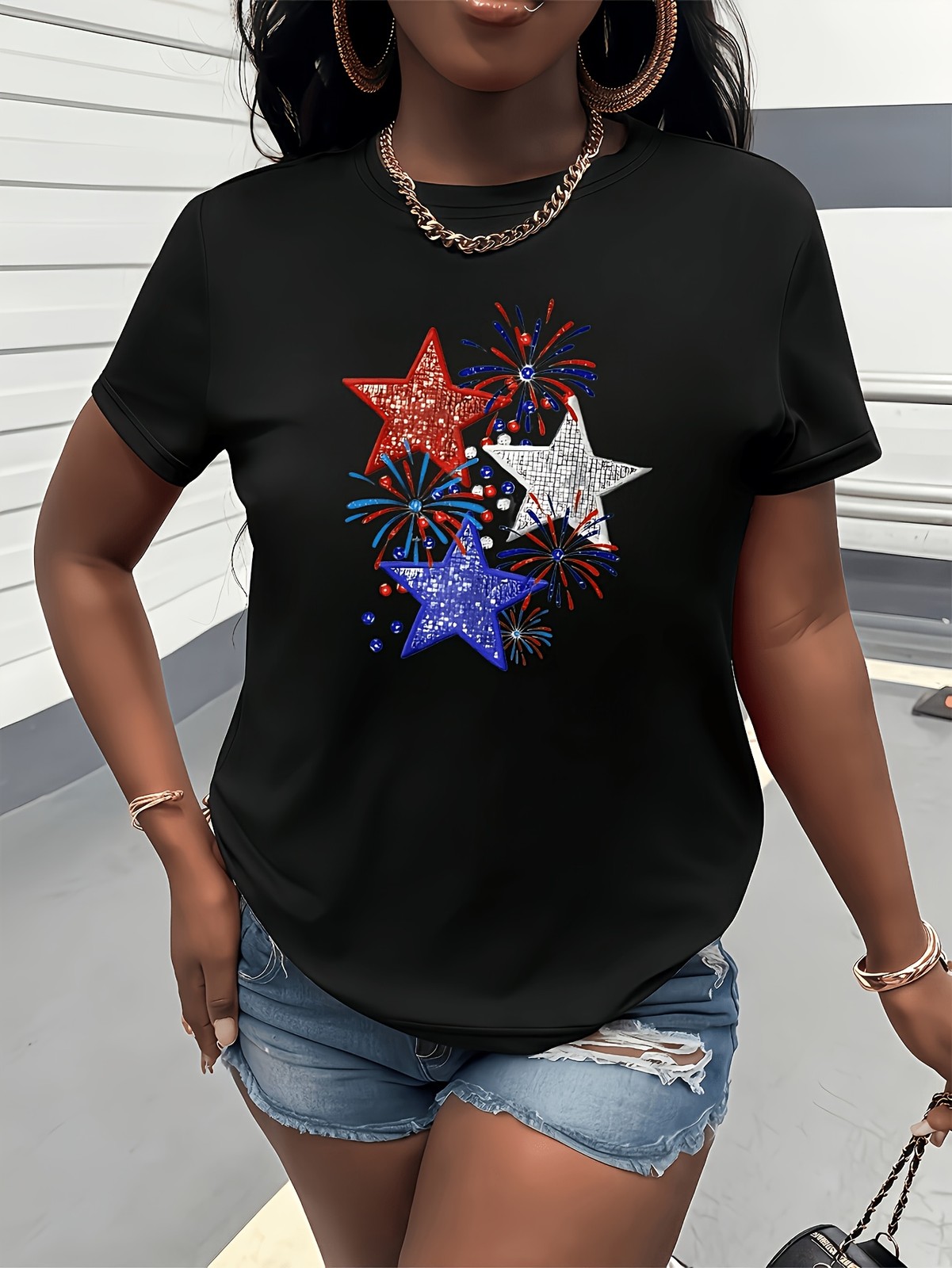 Patriotic Red White & Blue Stars T-Shirt Bling Firework Celebration Graphic Tee