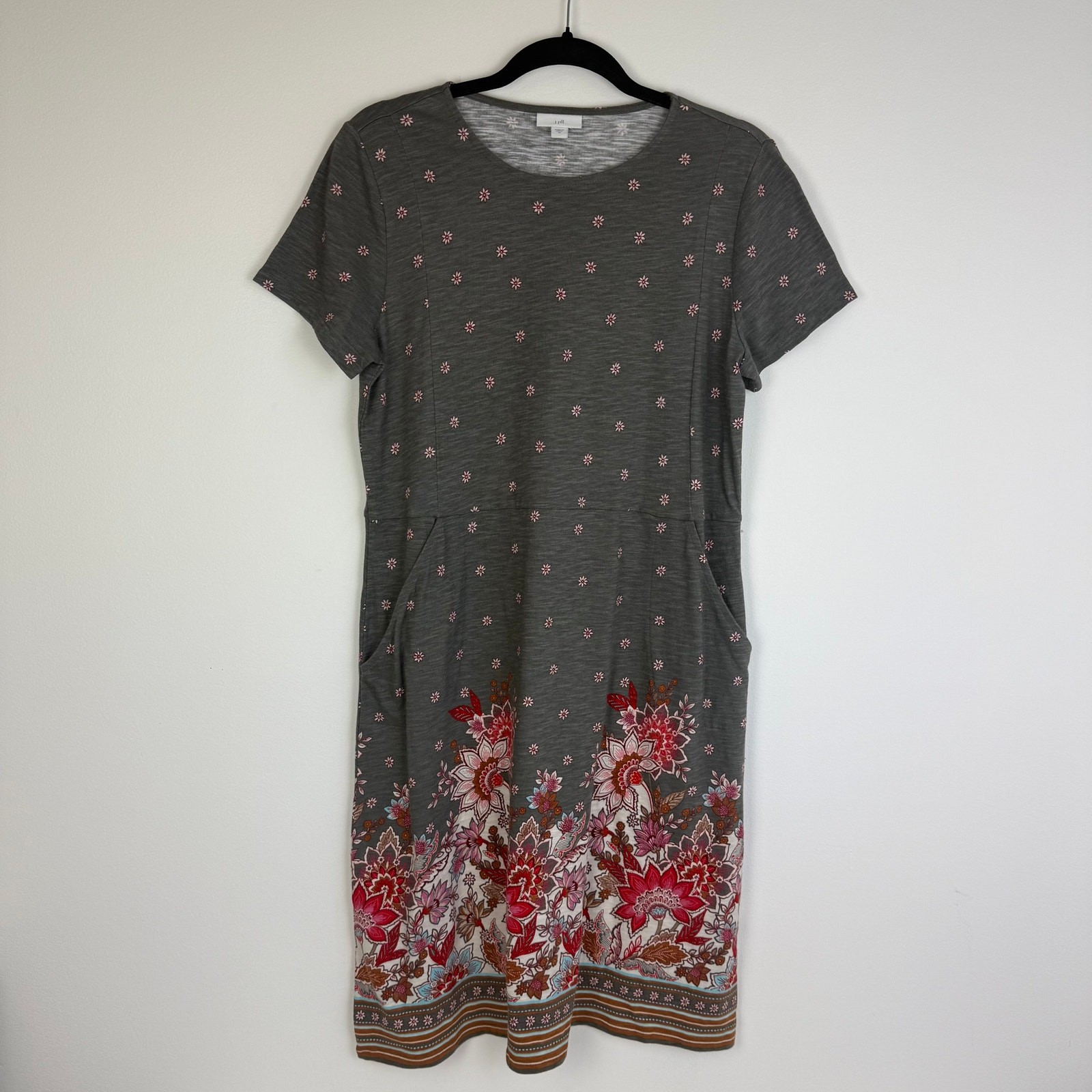 J.Jill Womens Caraway Sheath Short Sleeve Floral Pockets Grey/Red Dress Medium