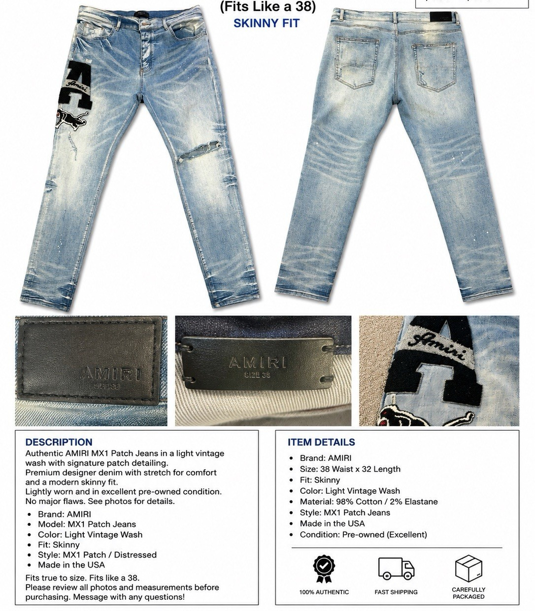 AMIRI MX1 Patch Skinny Jeans Men’s Blue Light Wash Distressed Denim 5-Pocket