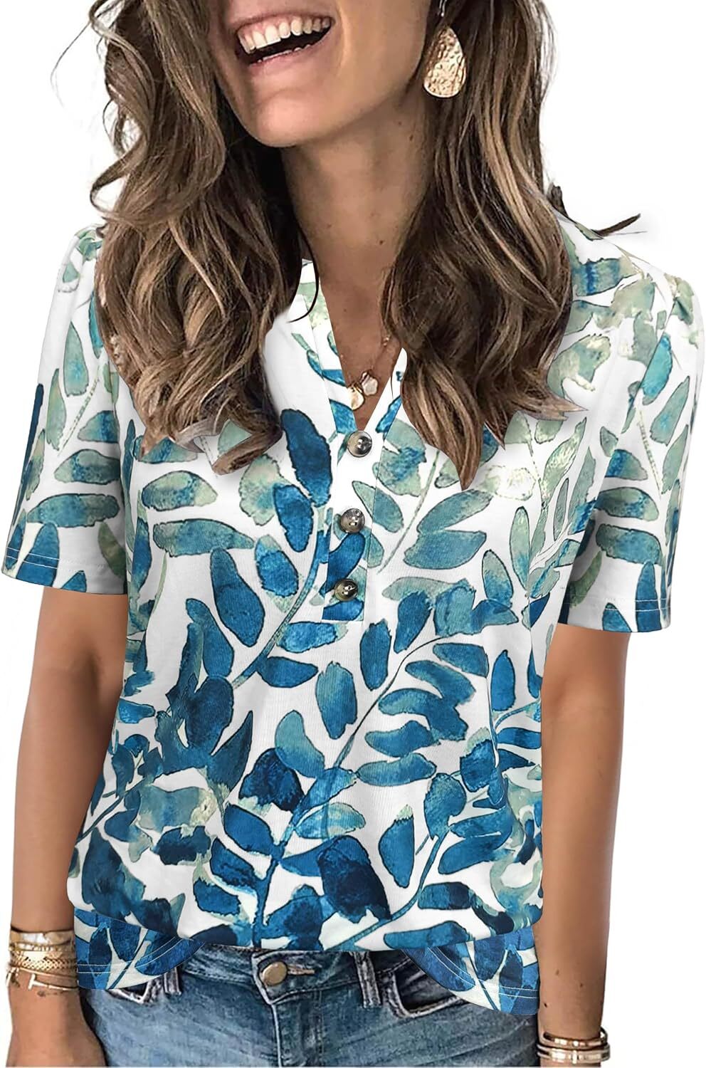 Short Sleeve Womens Casual Shirt Loose Fit V Neck Summer Top Soft Breathable