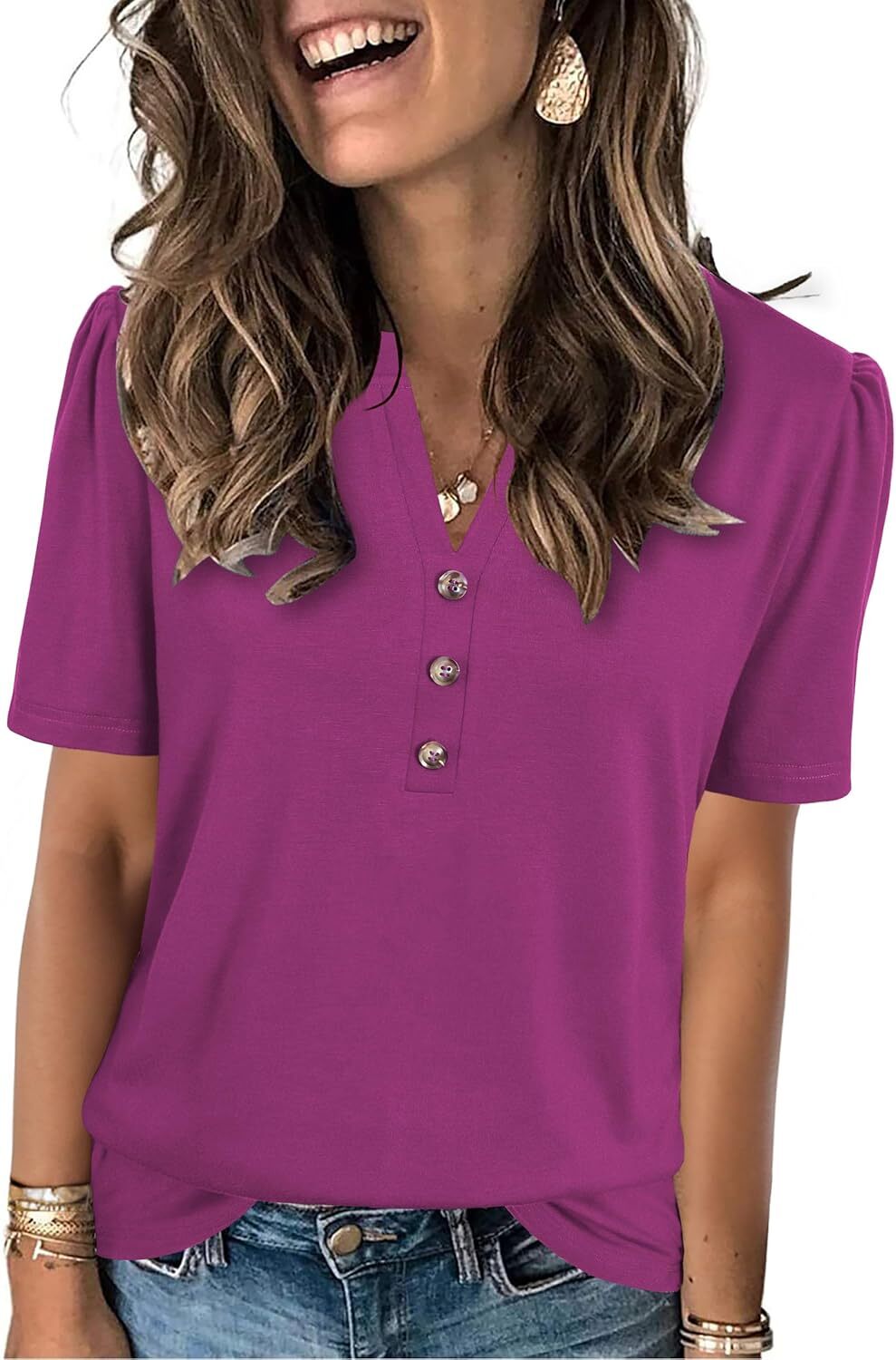 Short Sleeve Womens Casual Shirt Loose Fit V Neck Summer Top Soft Breathable