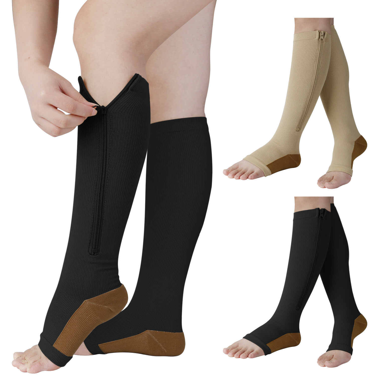 Knee High Compression Socks with Zipper – Foot & Calf Support for Pain Relief