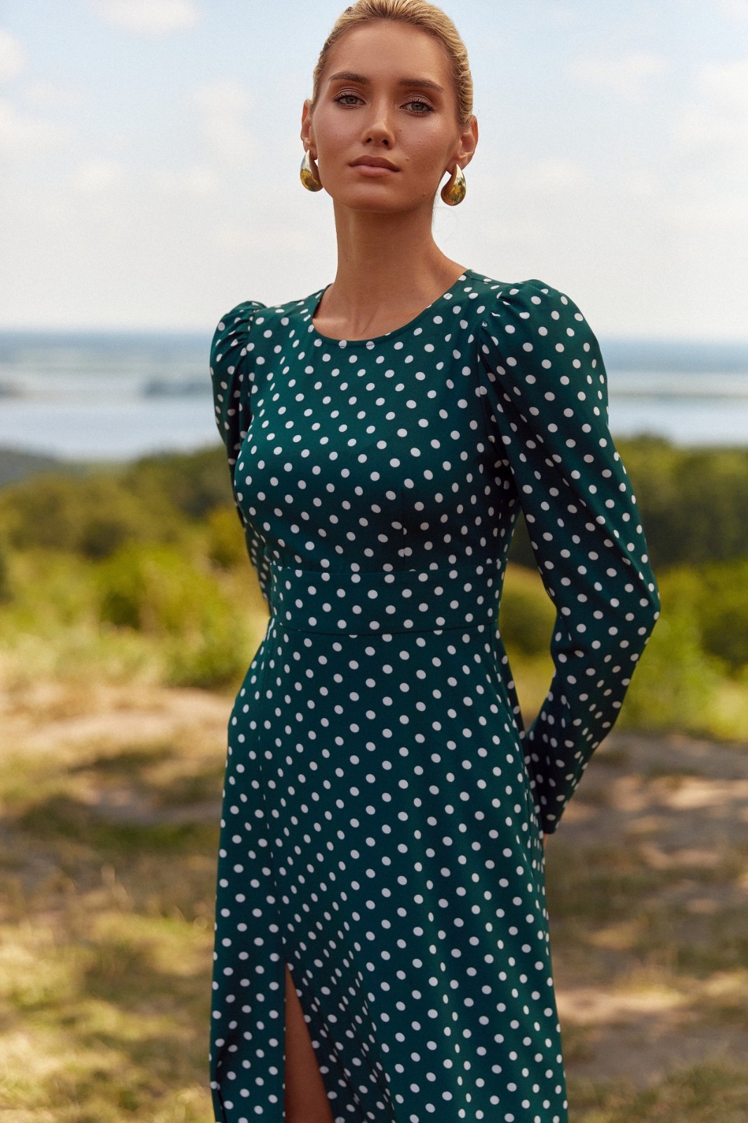 Green Emerald Polka Dot Midi Dress by FemeAdor – Size (M) – Made in Ukraine