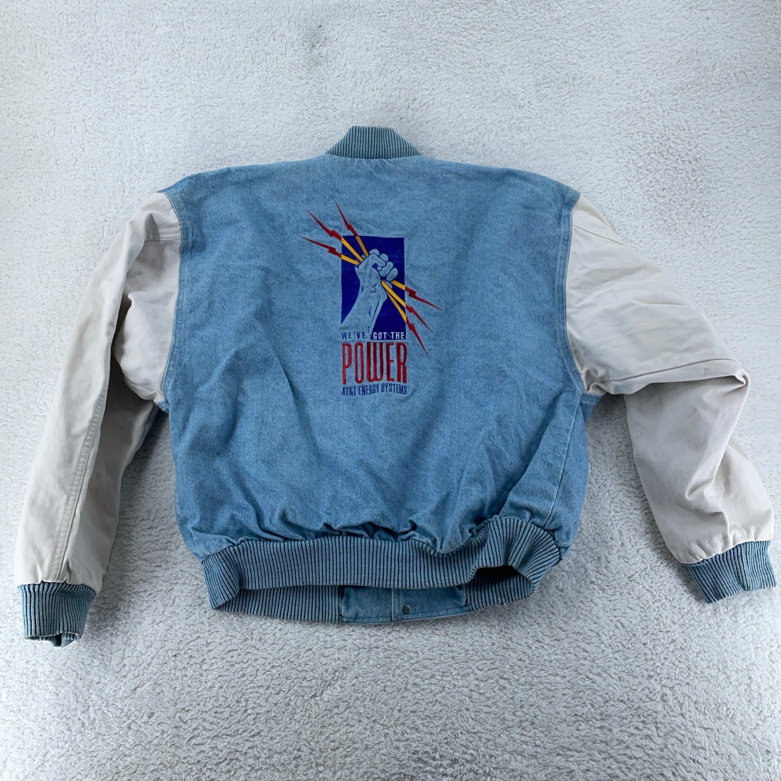 Vtg 90s AT&T Energy Systems Lineage 2000 Denim Bomber Jacket Mens M Varsity