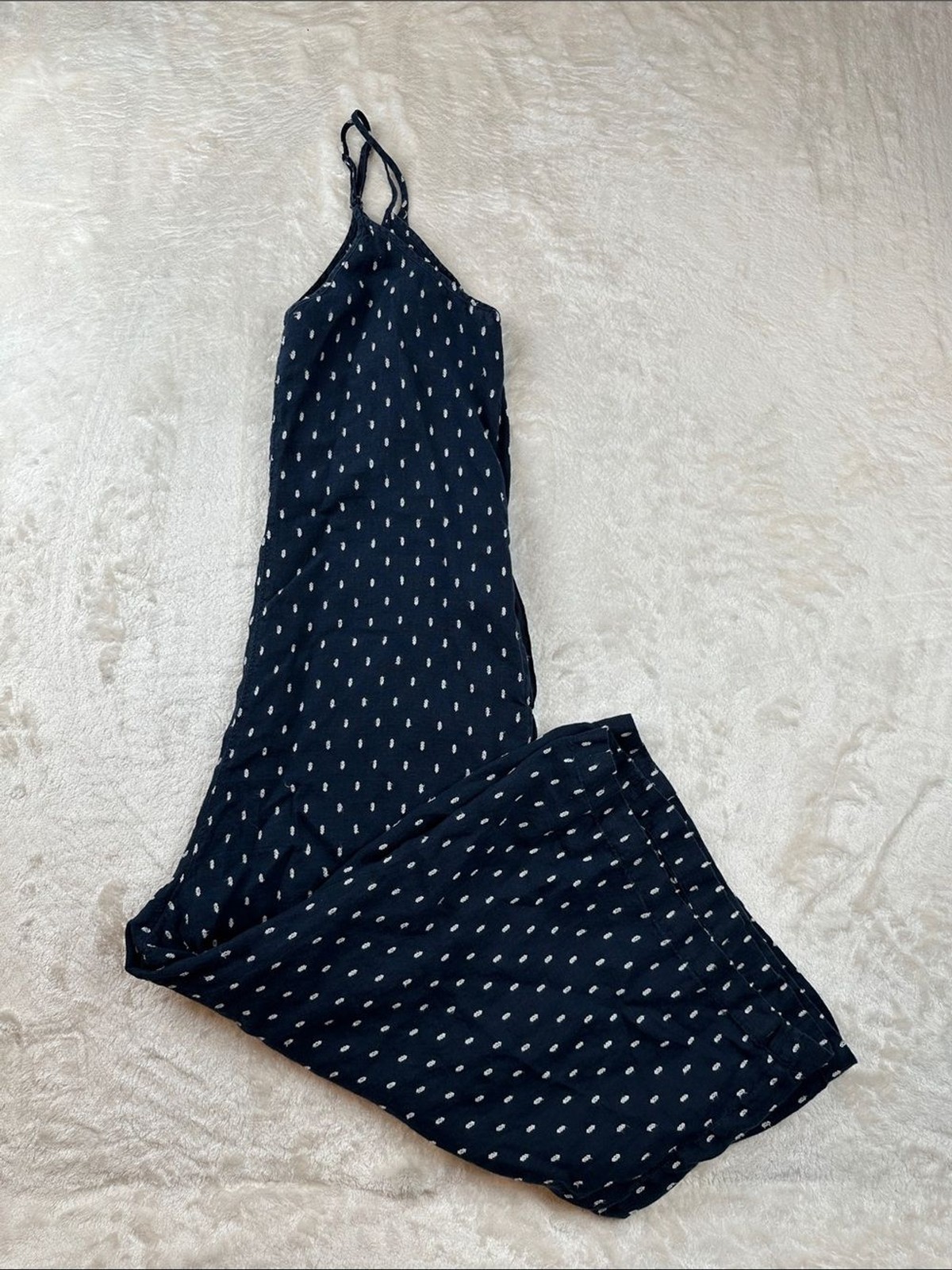 Athleta Navy Blue Dot Print Jumpsuit Womens 6 Adjustable Strap Wide Leg | Boho