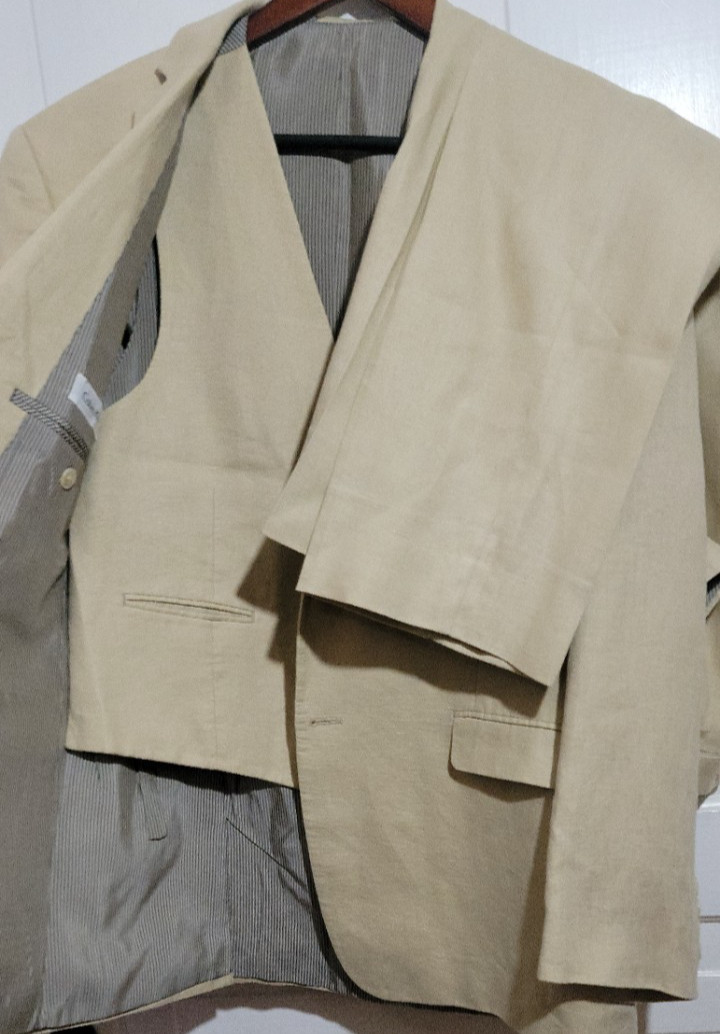 Classic Calvin Klein Mens 3 Piece 100% Linen Suit 40R Khaki 33/29S Pants Summer