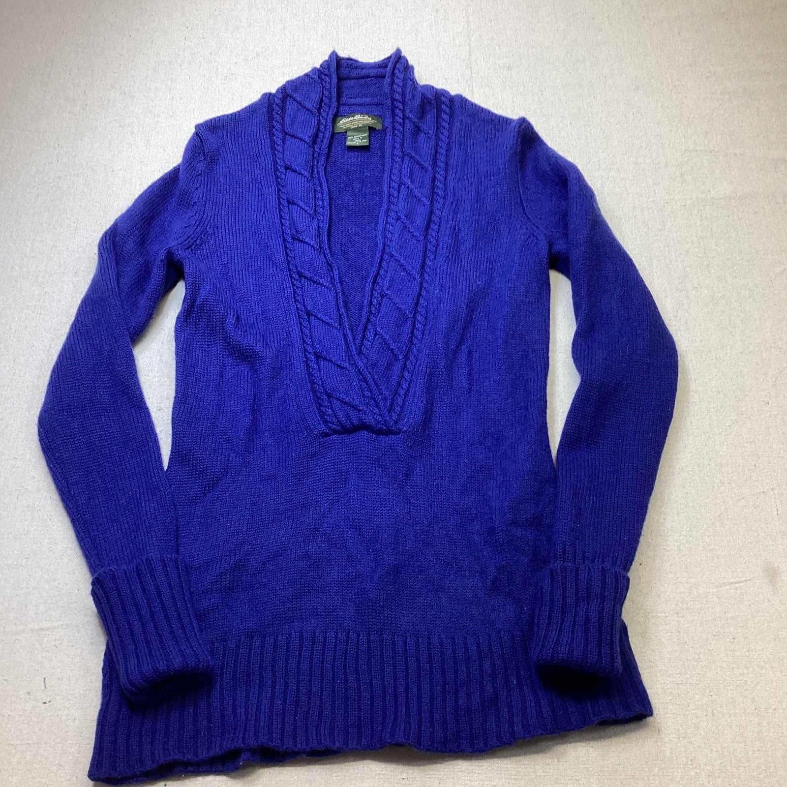 Eddie Bauer Sweater Women’s S Blue 100% Merino Wool V-Neck Cable Knit Classic