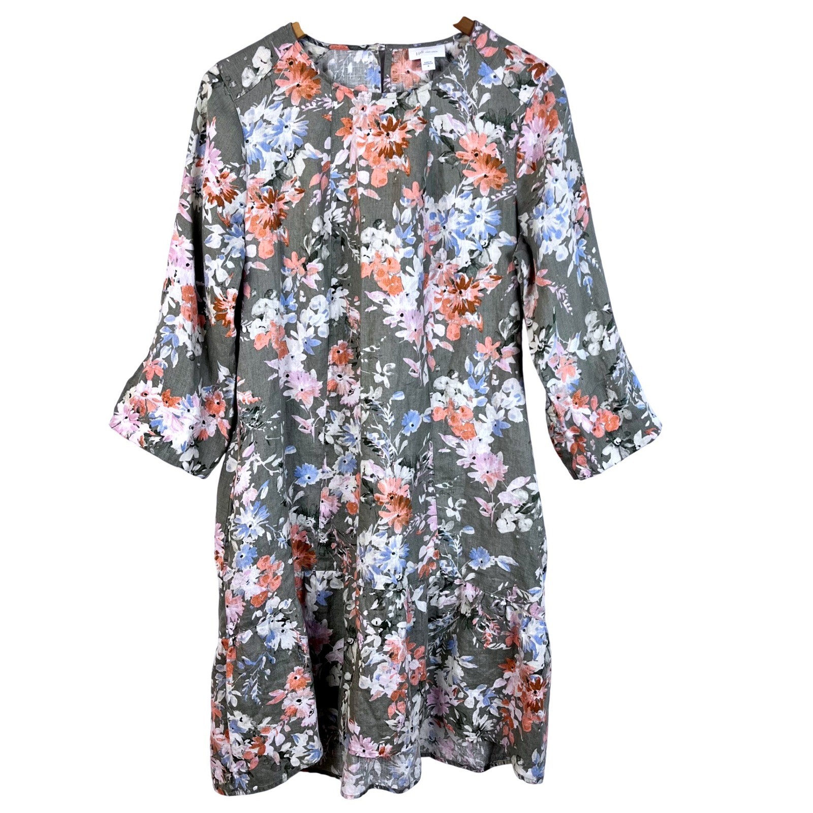 J.Jill Med 100% Linen Fresh Bloom Caraway Green Ruffle Hem Dress Pockets (N645)