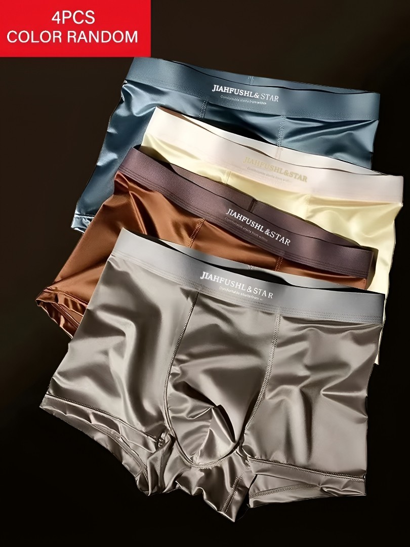 4PCS Men’s Ice Silk Underwear Breathable Boxer Shorts Seamless Satin Soft Briefs