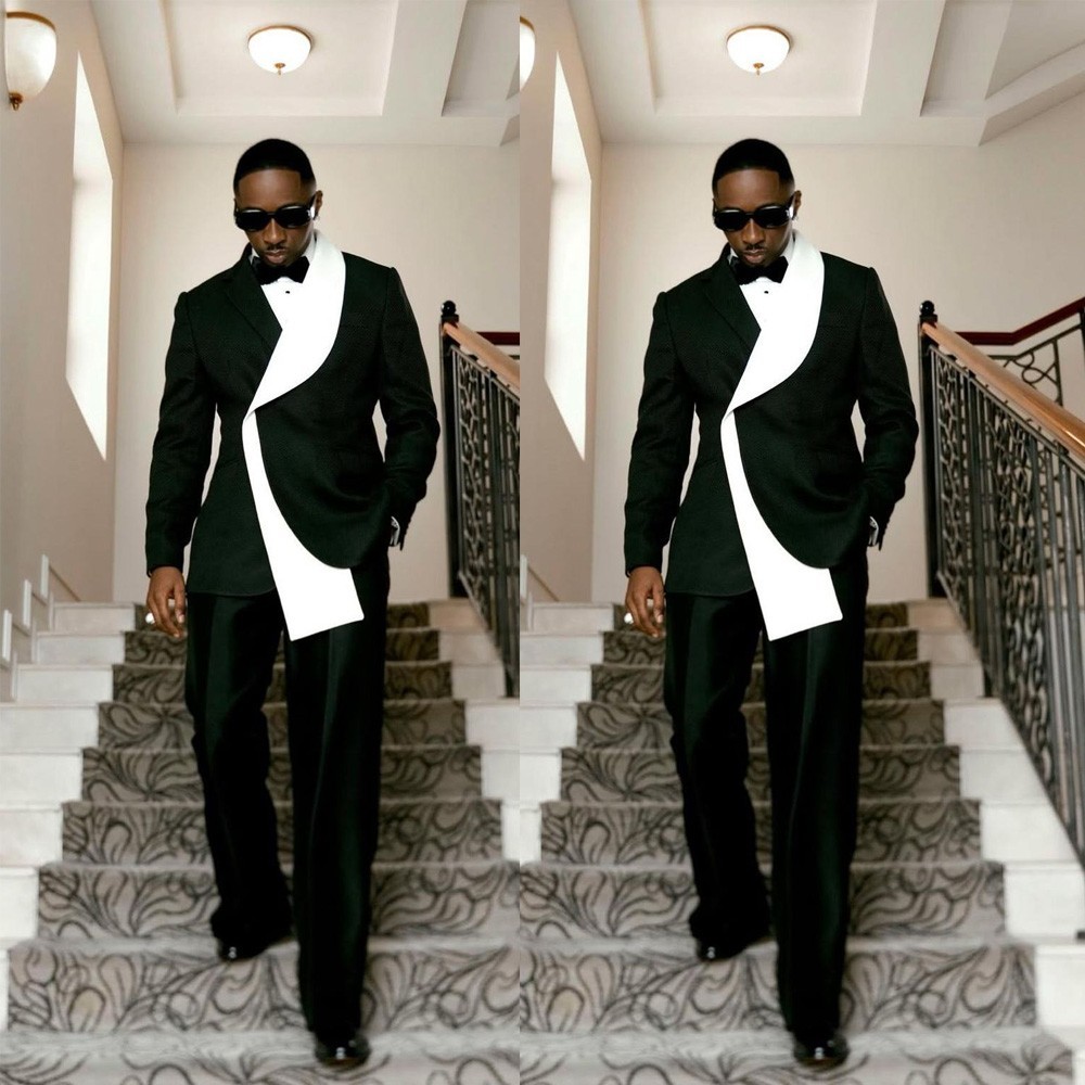 Splicing Men’s Suits Black & White Formal Wedding Tuxedos Party Prom Blazer Pant